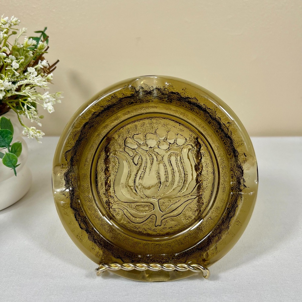 Vintage Smokey Glass Tulip Floral Ashtray or Trinket Dish